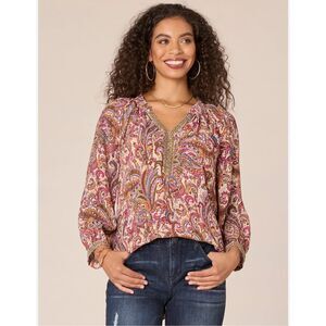 NWT DEMOCRACY Top XL 3/4 Blouson Sleeve Ruffle Split V-Neck Printed Sage Berry